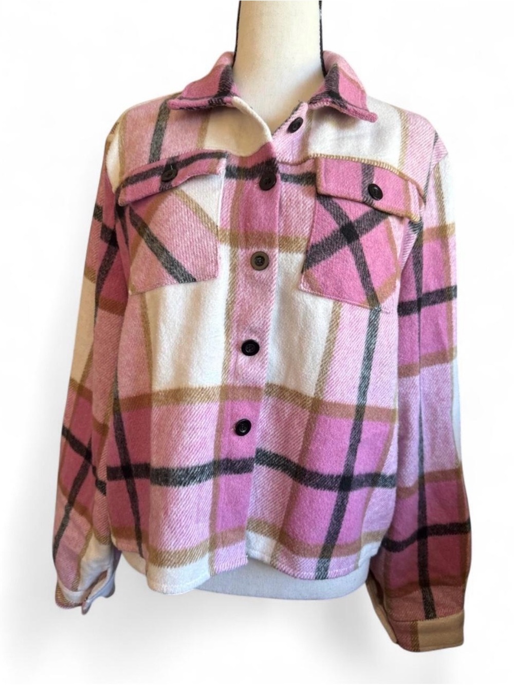 Zeagoo Pink Plaid Cropped Shacket Large Flannel Jacket Cozy Raw Hem Y2K Tartan L